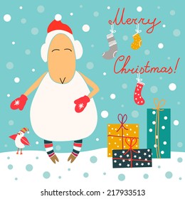 Vintage Christmas illustration with cute sheep, little bird and gifts. Perfect for Christmas cards. 