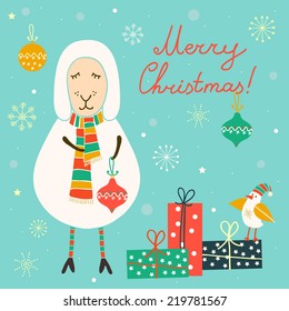Vintage Christmas illustration with cute sheep, little bird and gifts. Perfect for Christmas cards. 