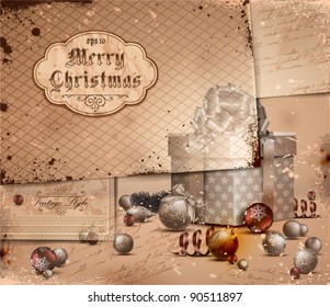 Vintage Christmas Illustration with grungy layered old papers.