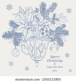 Vintage Christmas illustration with lantern, balls, fir branches, holly, mistletoe, poinsettia,snowflakes. Blue beige. Hand drawn Vector background for design holiday decor, new year greeting card