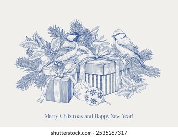 Vintage Christmas illustration with tit birds, gifts boxes bows ball fir branches. Blue beige. Hand drawn engraved Vector background for design holiday decor, greeting card