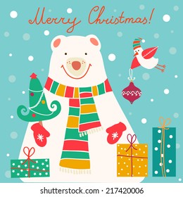 Vintage Christmas illustration with white bear, little bird and gifts. Perfect for Christmas cards. 