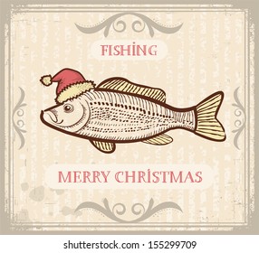 Vintage Christmas image of Fishing with fish in Santa hat .Vector drawing card for text