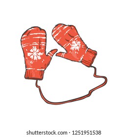 Vintage Christmas knitted mittens with snowflakes, vector hand drawn line art illustration