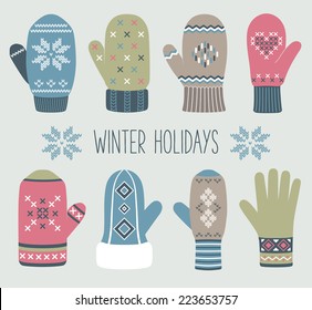 Vintage Christmas knitted mittens, winter set