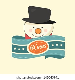 Vintage Christmas label with a happy snowman with a red scarf