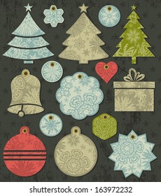 vintage christmas labels with different colors over grunge background. The shape is: star, circle, heart, gift box, christmas tree, christmas ball and Bell. vector illustration
