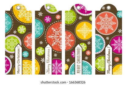 vintage Christmas labels with text on wooden background, vector illustration