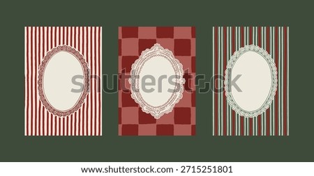 Vintage Christmas lace frames collection on tartan charming background. Retro hand drawn cozy retro winter holiday borders clipart set. Vintage Christmas ornate empty frame template design. Blank card