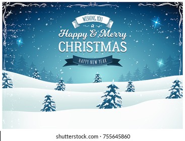 Vintage Christmas Landscape Background/
Illustration of a retro christmas landscape background, with firs, snow and elegant banners for winter and new year holidays