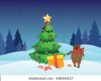 Vintage Christmas Landscape Background with tree