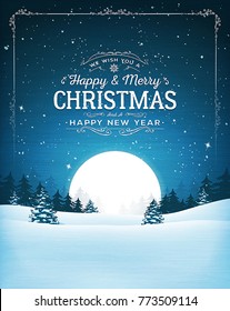 Vintage Christmas Landscape Postcard/
Illustration of a retro christmas landscape background, with fabric texture, firs, snow, hand drawn banners and ornaments for winter and new year holidays