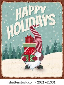 Vintage Christmas metal sign with cute Gnome.Retro poster 1950s style.
