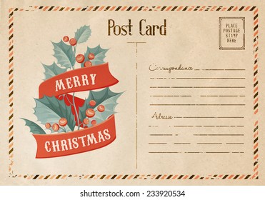 Vintage christmas mistletoe card with ribbon text. Vector illustration.