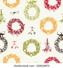 Vintage Christmas and new year background  with ink hand drawn elements. Vector holiday wreaths pattern. Seamless holiday pattern.