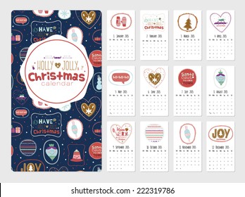 Vintage Christmas and New Year calendar with greeting stickers of cute winter elements, icons, typography, greeting and wishes. Have a very merry Christmas. Good for winter design cards or posters.