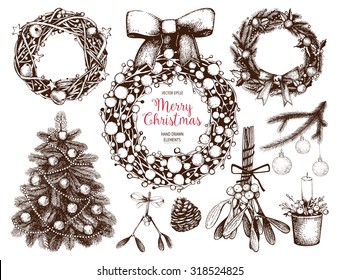 Vintage Christmas and new year decoration collection with ink hand drawn elements. Vector holiday wreaths set with frames, ribbons,  borders. 