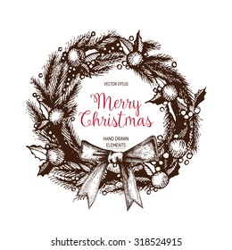 Vintage Christmas and new year decoration  with ink hand drawn elements. Vector holiday wreaths set with frames, ribbons,  borders. 