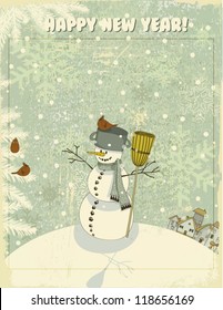 Vintage Christmas and New Year Greeting Card - Snowman on hill, against the snowy textured backdrop, with a pot and broom, cheerfully looking at red cardinals on snow-covered pine tree branches