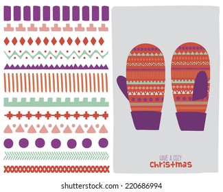 Vintage Christmas and New Year greeting card with cute knitted mittens. Vector illustration of winter ornament pattern. Cay be used for winter hipster design, cards, posters and many other.