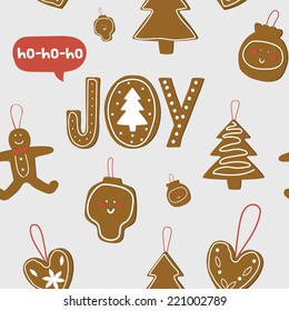 Vintage Christmas and New Year greeting pattern. Vector illustration of festive gingerbread and cookies. Let's joy Christmas. Good for winter design, cards or posters.