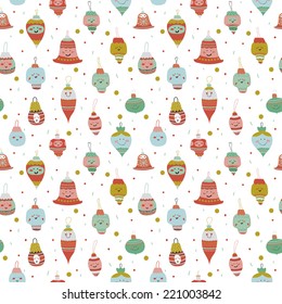 Vintage Christmas and New Year greeting pattern. Vector illustration of festive Christmas decorations and toys. Let's joy Christmas. Good for winter design, cards or posters.