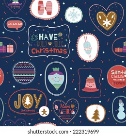 Vintage Christmas and New Year greeting pattern. Vector illustration of gingerbread, toys, snowman, gifts, mittens and other winter elements. Let's joy Christmas. Good for design, cards or posters