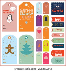 Vintage Christmas and New Year greeting stickers, labels, tags and ribbons with cute winter elements, icons, typography, greeting and wishes. Good for winter design cards or posters. Scrapbooking.