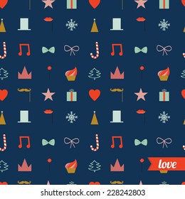 Vintage Christmas and New Year greeting pattern. Vector illustration of festive party icons and winter elements. Let's joy Christmas. Good for design, cards or posters. Scrapbooking. Wrapping