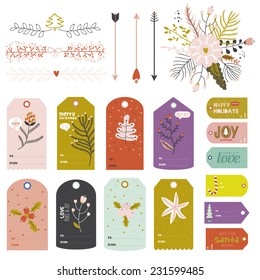 Vintage Christmas and New Year greeting stickers, labels, tags and ribbons with cute winter elements, typography, greeting and wishes. Perfect for wrapping and scrapbooking.