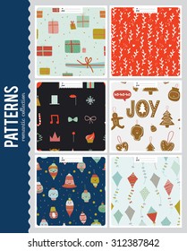 Vintage Christmas and New Year Greeting Collection Seamless Patterns. 2016 Year Winter Background with Holidays Elements. Greeting hand drawn illustration for Xmas