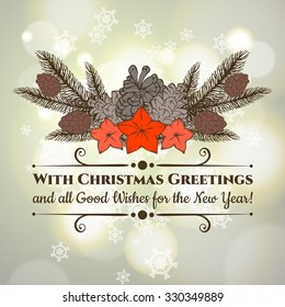 Vintage Christmas and New Year greeting card with handdrawn fir branches, bumps and stars