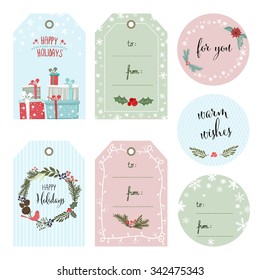 Vintage Christmas and New Year greeting stickers, labels, tags  with cute winter elements, typography, greeting and wishes. Perfect for wrapping and scrapbooking.