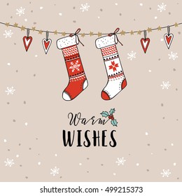 Vintage Christmas, New Year greeting card, invitation. Traditional decoration, hanging knitted socks, stockings, hearts and falling snow. Hand drawn vector illustration. background. 