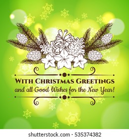 Vintage Christmas and New Year greeting card with handdrawn fir branches, bumps and stars. Vector eps10