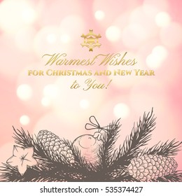 Vintage Christmas and New Year greeting card with handdrawn fir branches, bumps and christmas balls. Vector illustration