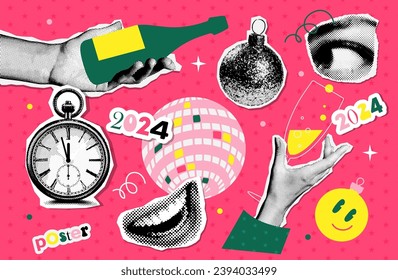 Vintage Christmas and New year halftone collage stickers and elements set. Torn out of magazine shapes, champagne bottle, xmas tree bauble, female hands, eye, smiling mouth, clock. Vector illustration