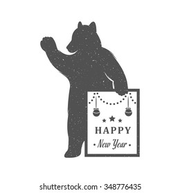 Vintage Christmas and New Year illustration fun bear with grunge effect for posters and t-shirts. Funny bear with sign New Year on a white background