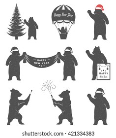 Vintage Christmas and New Year illustration fun bear with grunge effect for posters and t-shirts. Funny bear with Christmas tree, baloon and sign New Year