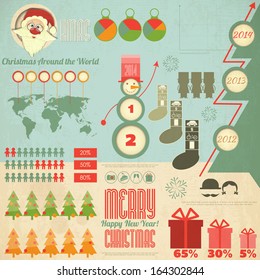Vintage Christmas and New Year Infographic with Santa Claus  in Retro Style. Vector illustration.