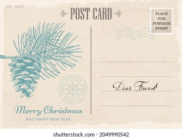 Vintage Christmas and New Year invitation postcard. Christmas mail. Vector hand drawn illustration