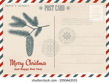 Vintage Christmas and New Year invitation postcard. Christmas mail. Vector template