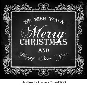Vintage Christmas and New Year label with frame on blackboard 