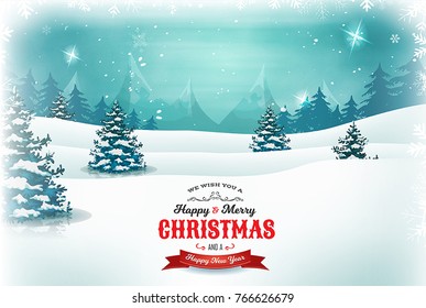 Vintage Christmas And New Year Landscape/
Illustration of a retro christmas landscape background, with cloudy sky, firs, snow, mountains and elegant banners for winter and new year holidays