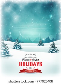Vintage Christmas And New Year Landscape/
Illustration of a retro christmas landscape background, with cloudy sky, firs, snow, mountains and elegant banners for winter and new year holidays