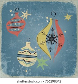 Vintage Christmas Ornament Background with Gold Stars and Grunge Frame; Retro style inspired by mid-century modern illustration