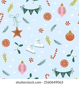 Vintage Christmas ornament. Happy holidays seamless pattern.  Cute Xmas background with Winter holidays symbols. Hand drawn flat design vector illustration.
