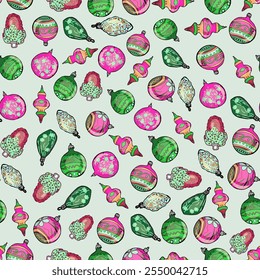 Vintage Christmas Ornament Pattern in Pink and Green. Festive Seamless Pattern with Retro Christmas Baubles