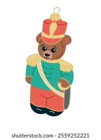 Vintage Christmas ornament of toy soldier bear in festive attire with red hat, green jacket, and golden details, evoking nostalgia and holiday cheer. Vector drawing isolated on white background