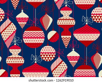 Vintage Christmas ornaments decoration seamless pattern. Nordic red and blue xmas decor repeatable motif for fabric, background, wrapping paper. Minimal Scandinavian retro style winter holiday balls